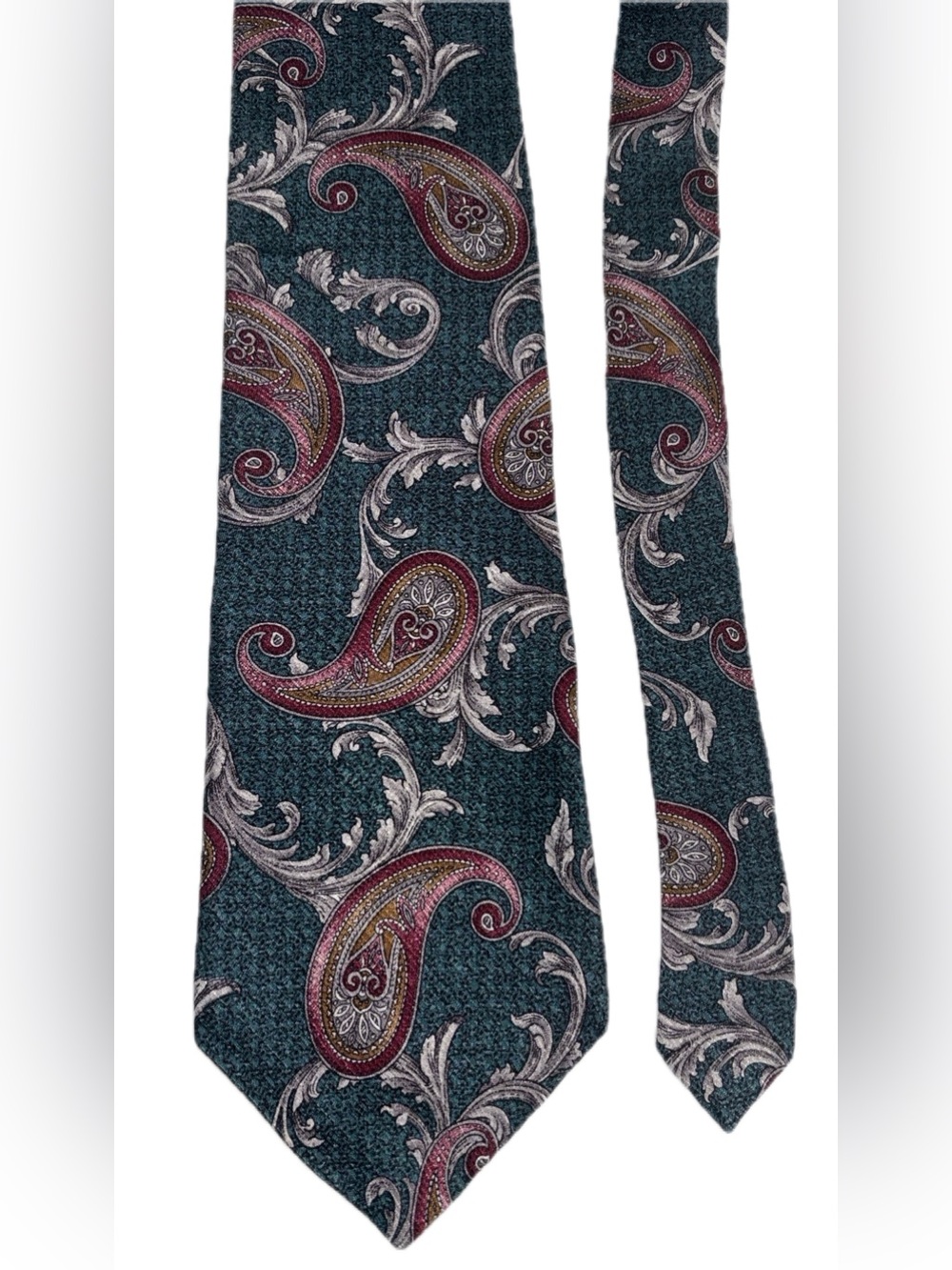 EVAN PICONE Paisley in Teal Green, Gray, and Pink/Cranberry Silk Tie